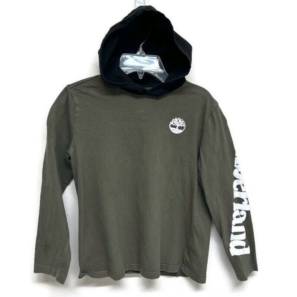 Timberland Pullover Long Sleeve Hoodie Green Black Boys 10 12 M Everyday Hiking